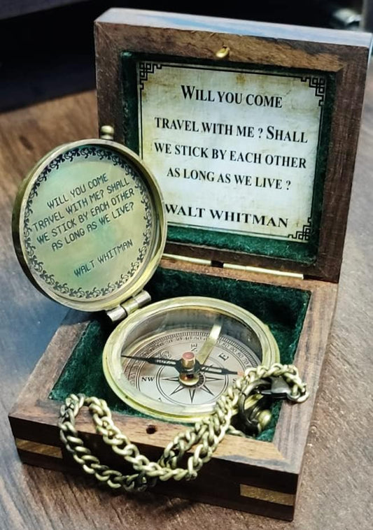 Will You Come Travel With Me? Shall We Stick By Each Other As Long As We Live? Vintage Quote Brass Compass with Wooden Box Scripture-WALT WHITMAN, Gifts Idea, Girls/Boys, Lovers, Husband, Wife, Fiancé