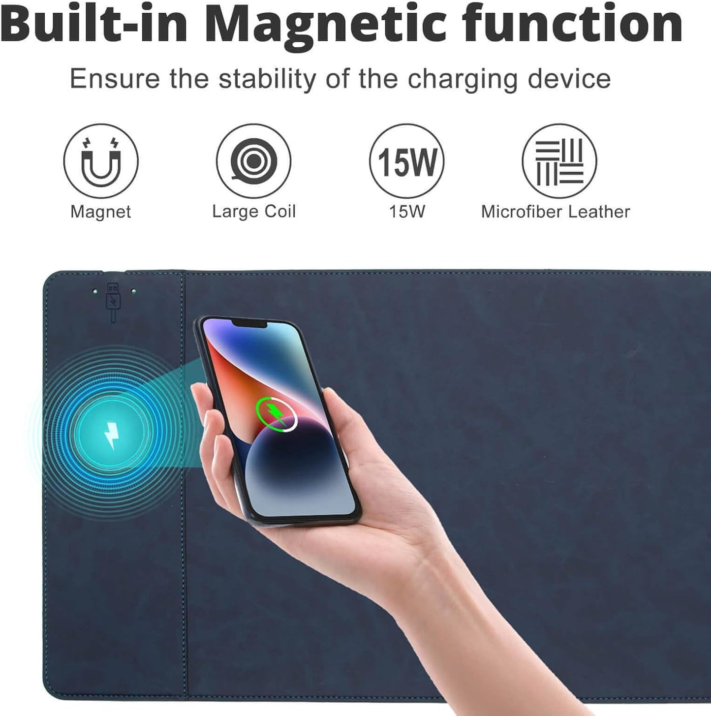 Magnetic Wireless Charging Desk Mat, 31"x11.7" Mouse Pad with Ultra-Smooth Surface, Microfiber Leather Office Mouse Mat, Waterproof Extended Computer Keyboard Desk Mat for Office & Home, Laptop, Blue