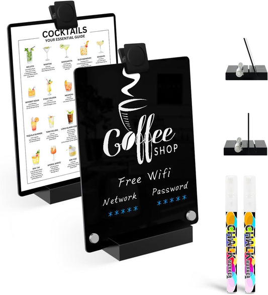 2 PCS Desktop Black Dry Erase Board with Stand - 8” x 6” Small Acrylic Black Board with Marker and Magnetic Clip, Reusable Desk Notepad, to-Do List, Menu Board Signs for Bar, Office, Home