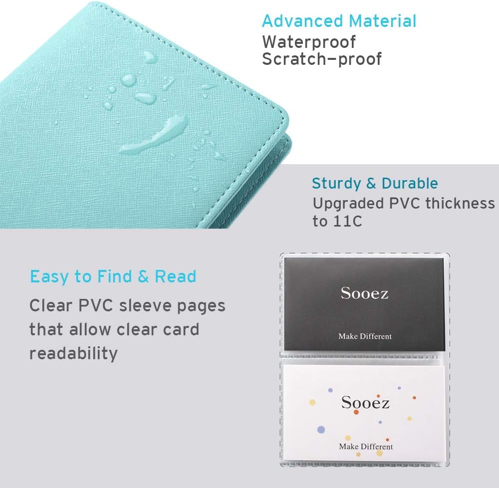 Sooez Leather Professional Business Card Book Holder Organizer, 240 Capacity Credit Card Booklet, PU Name Cards Holder Storage File for Men Women, Mint Green