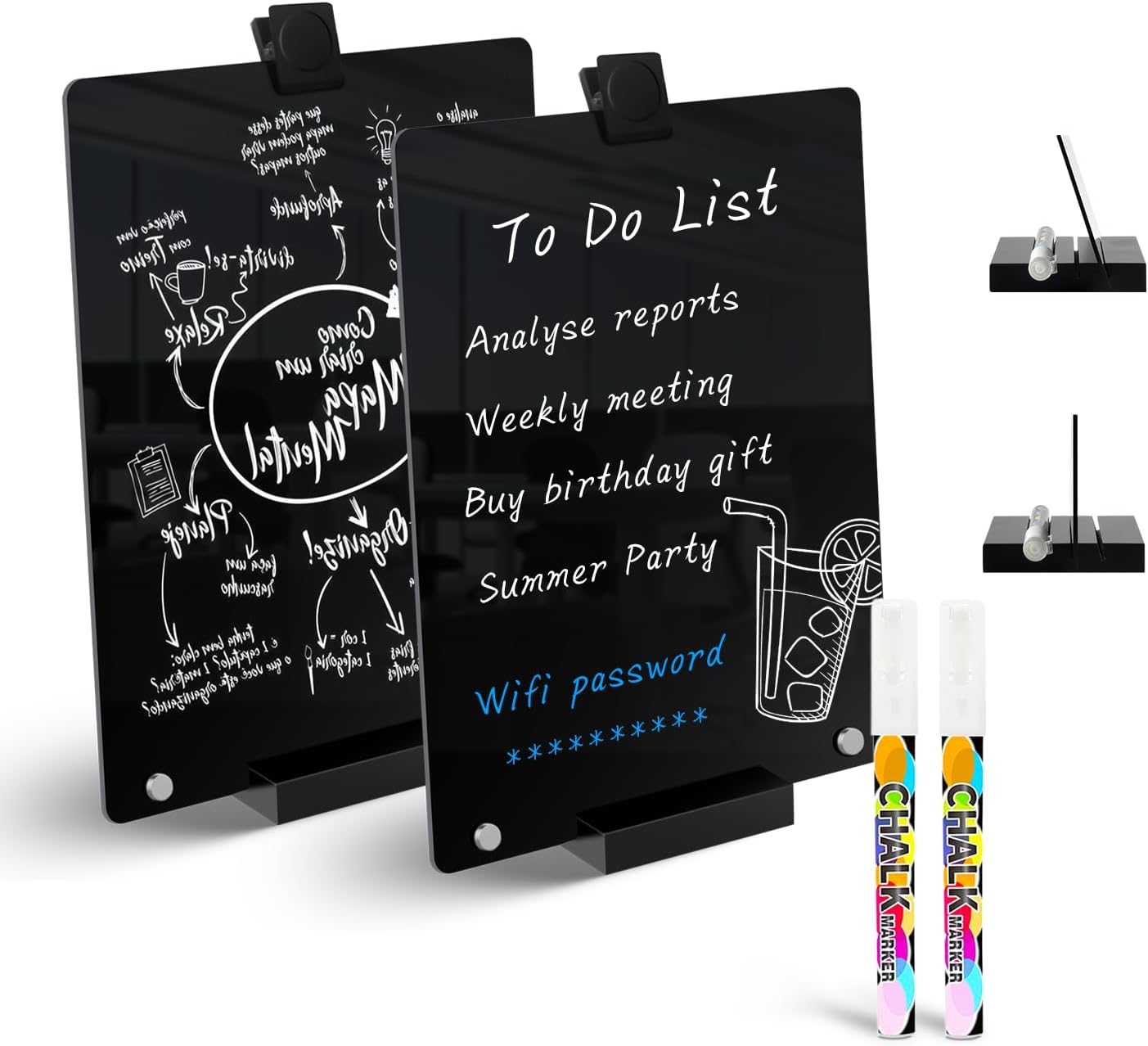2 PCS Desktop Black Dry Erase Board with Stand - 12” x 8” Small Acrylic Black Board with Marker and Magnetic Clip, Reusable Desk Notepad, to-Do List, Menu Board Signs for Bar, Office, Home