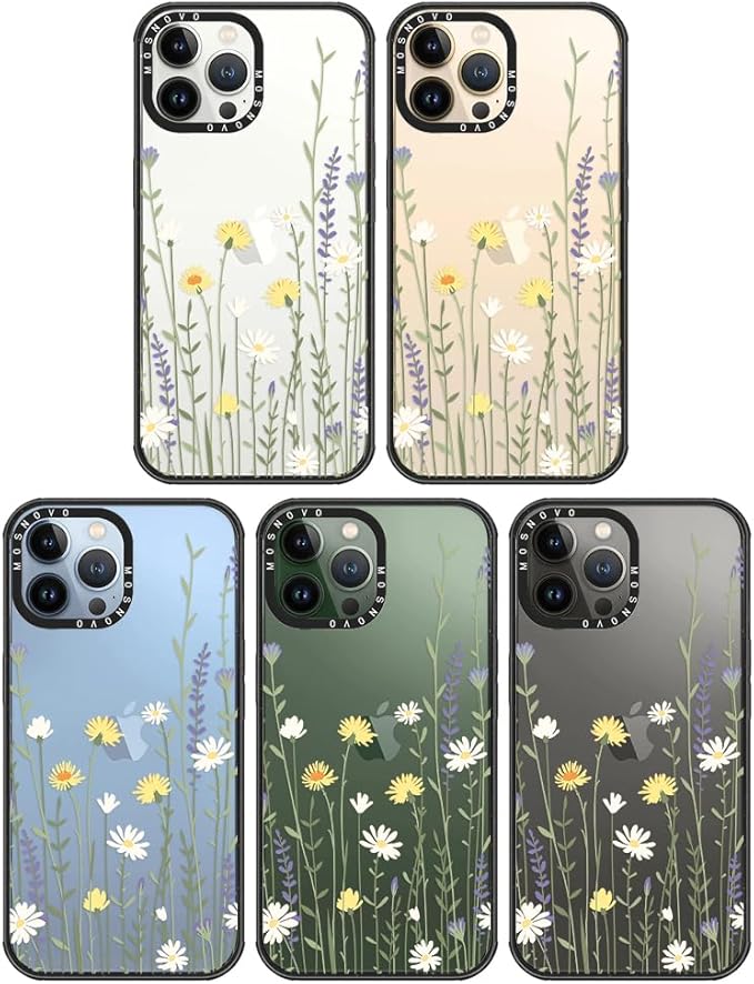 MOSNOVO Case for iPhone 13 Pro Max, [10ft 4X Military-Grade Drop Protection] Durable & Shockproof Phone Case Cover Design for iPhone 13 Pro Max - Wild Meadow - Clear Black