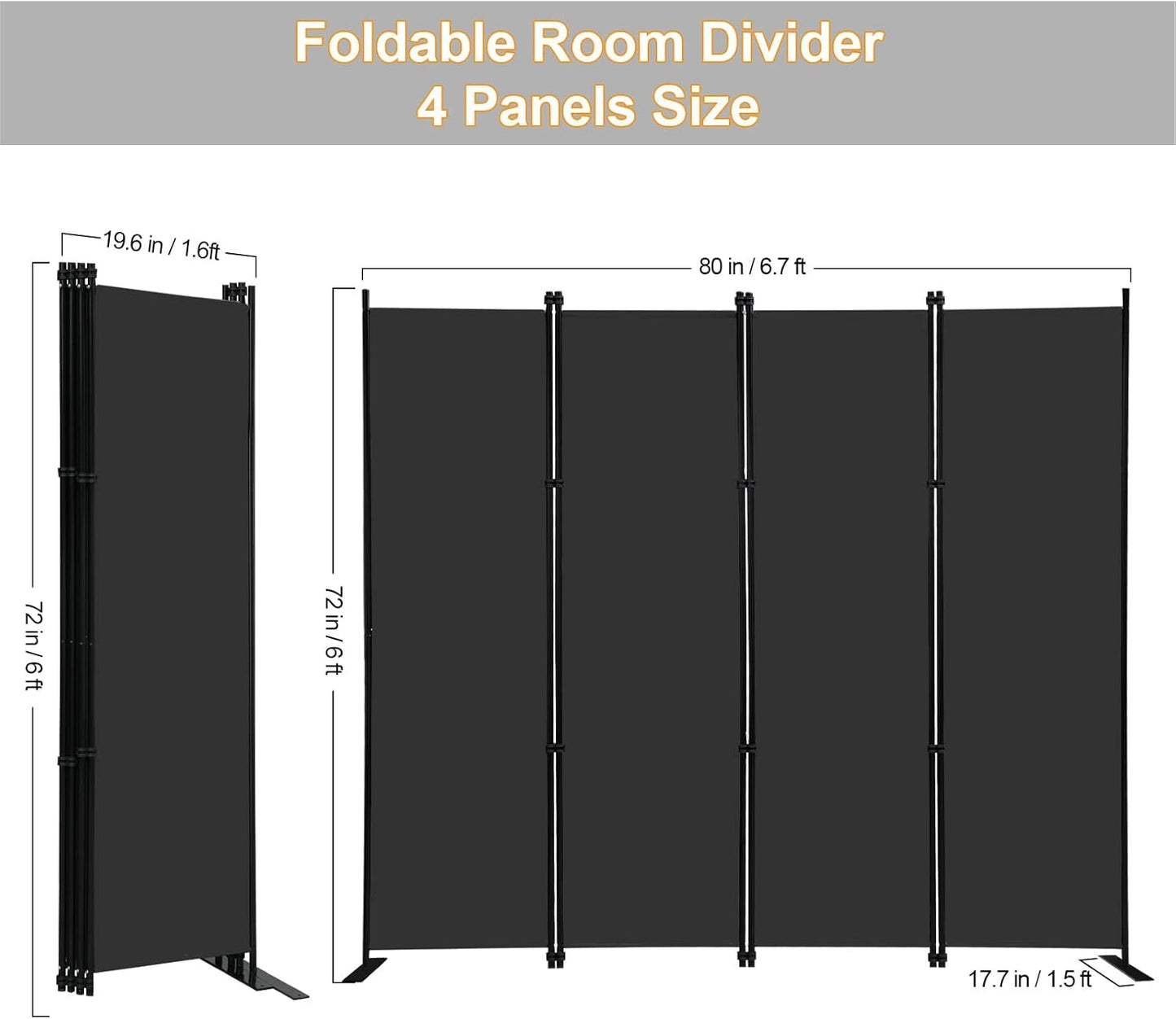 MAYOLIAH 4 Panel Room Divider Screen 6Ft Tall Foldable Privacy Dividers Indoor Wall Partition Room Separator Black