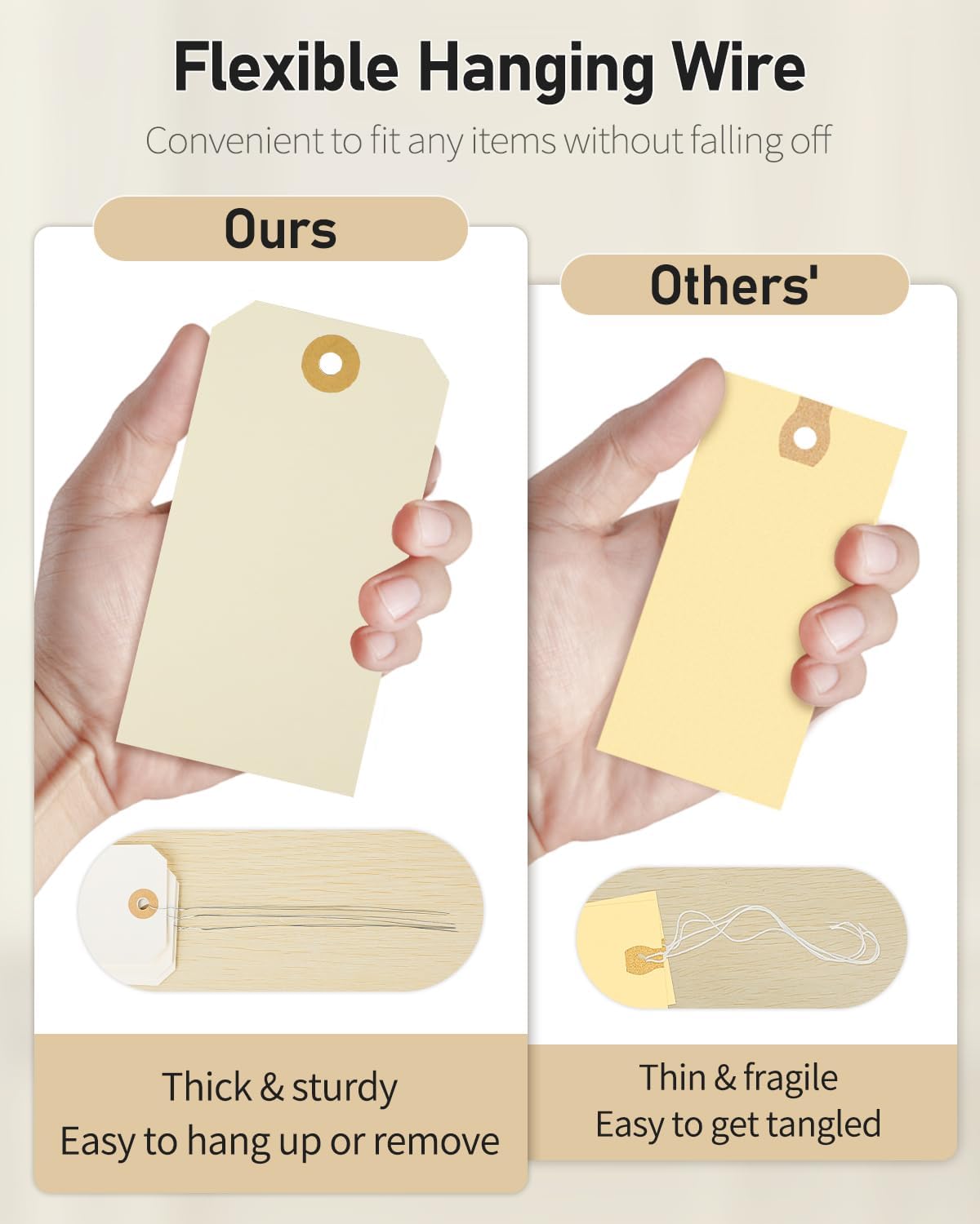Uniclife 200 Pcs Manila Tags Blank Shipping Tags with Wire Attached 4.7 Inch Paper Hang Tags with Reinforced Eyelet Large Marking Tags Writable Price Tags Inventory Label Tags, 4.7" x 2.36"