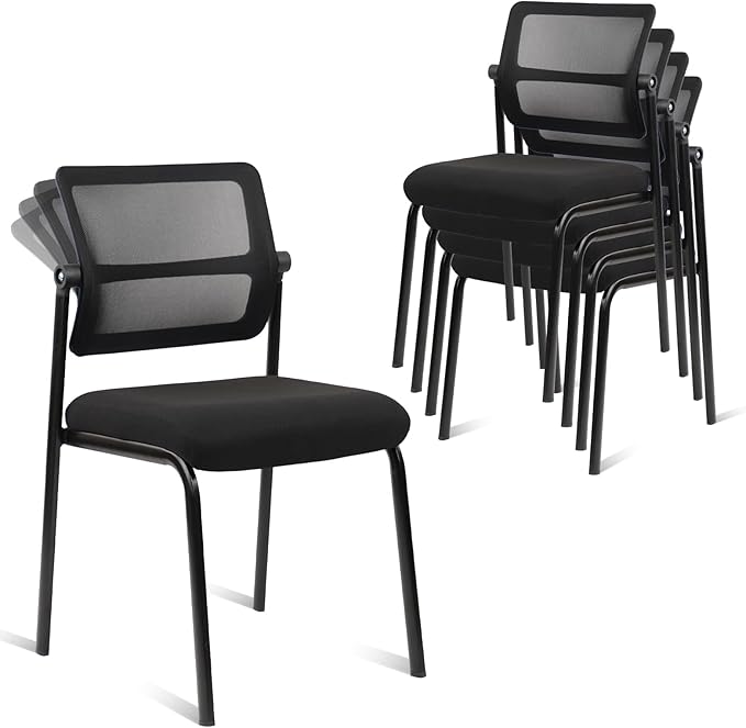CLATINA Stacking Armless Office Waiting Room Chair with Adjustable Backrest, Stackable Mesh Guest Reception Desk Chairs with Ergonomic Lumbar Support for Conference Lobby Side School, Black, 4 Pack