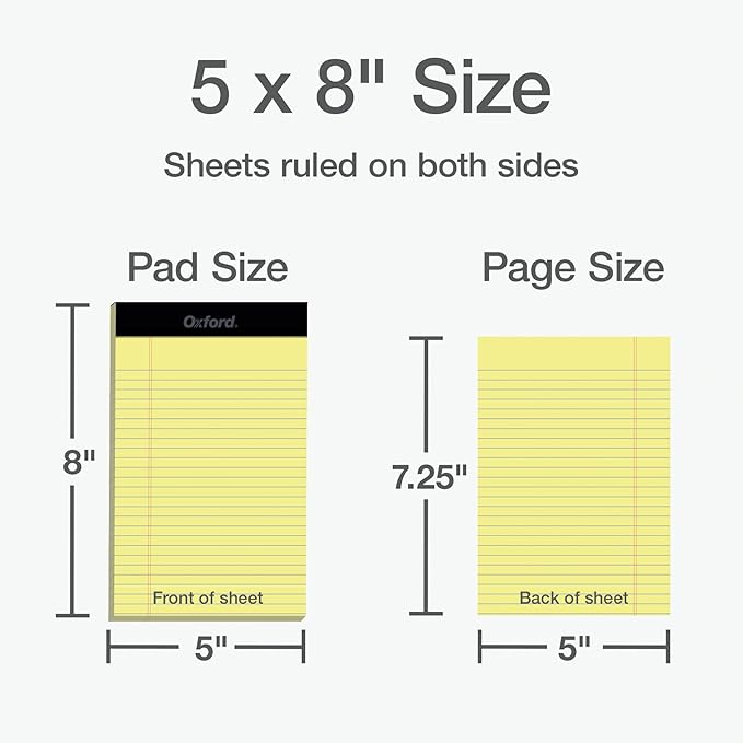 Oxford 5 x 8 Legal Pads, 12 Pack, Narrow Ruled, Yellow Paper, 50 Sheets Per Writing Pad, Made in the USA (74017)