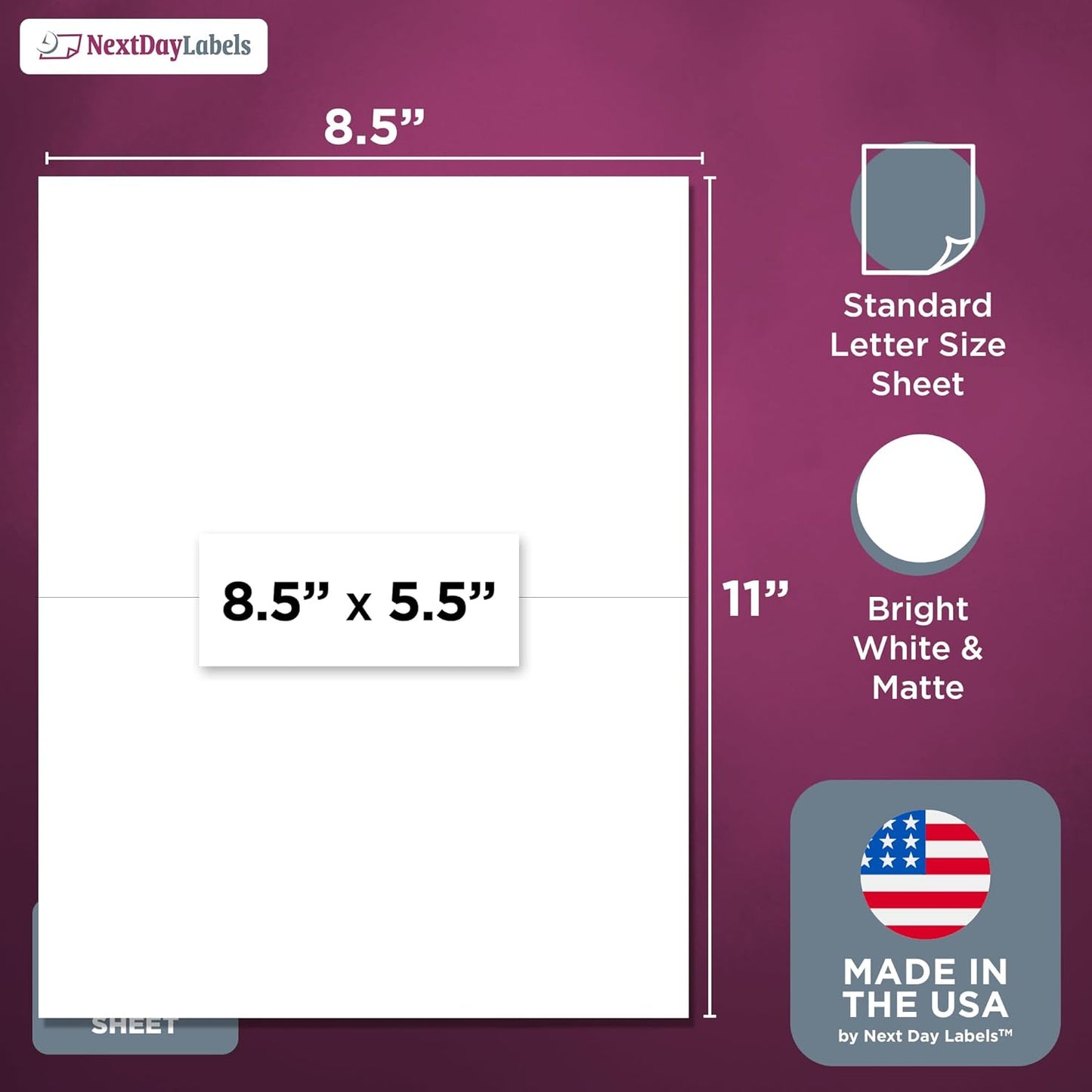 NextDayLabels – 8-1/2" x 5-1/2" Rectangular Sticker Labels for Printer - White Laser/Inkjet Printer Labels Return Address Labels Shipping Label Stickers (50 Sheets, 2 Per Sheet, 100 Labels)