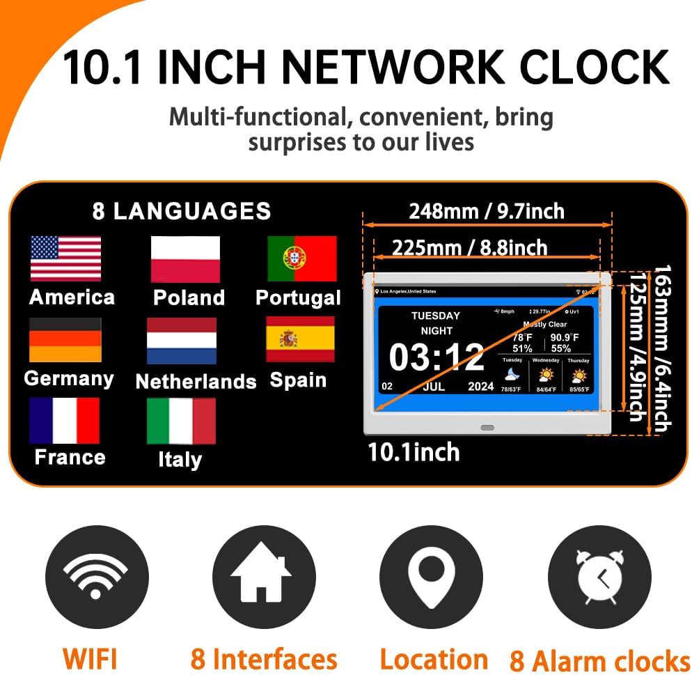 Digital Alarm Clock with Date and Time for Elderly Digital Calendar Clock Photo Frame- Auto Dimmable Display 15 Alarm Options (10 inch White)