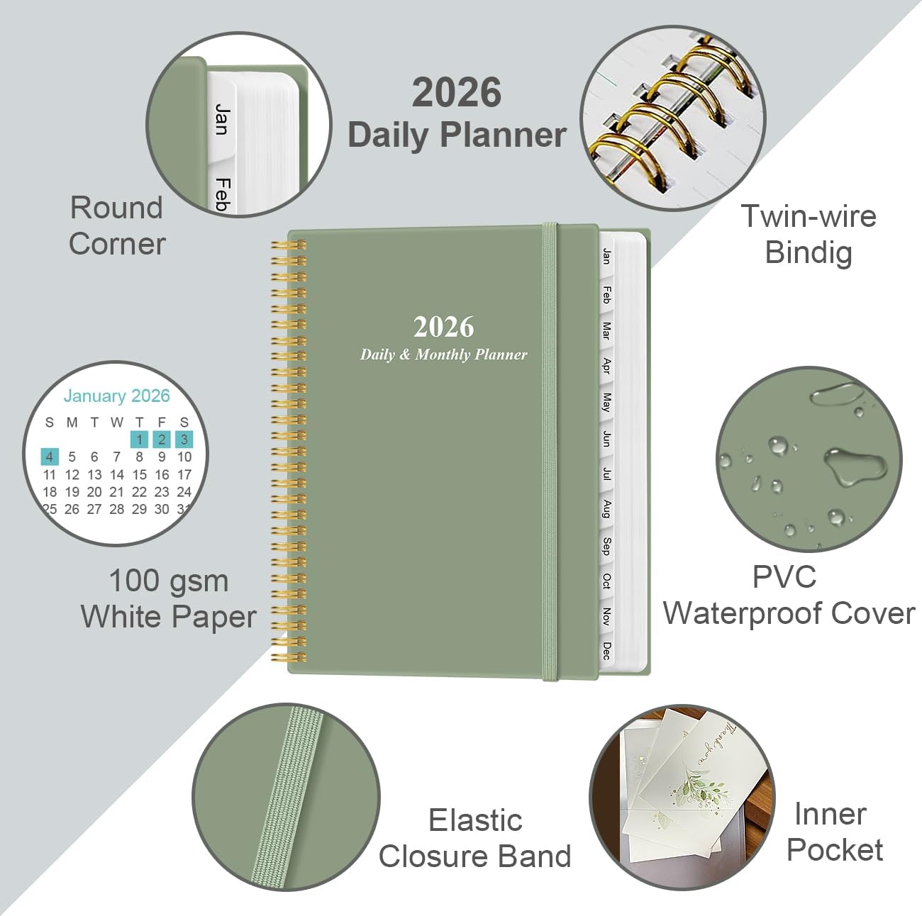 2026 Daily & Monthly Planner - One Page Per Day, Daily Planner from January 2026 - December 2026, Planner 2026 with 12 Monthly Tabs, 8.5" x 11", Green