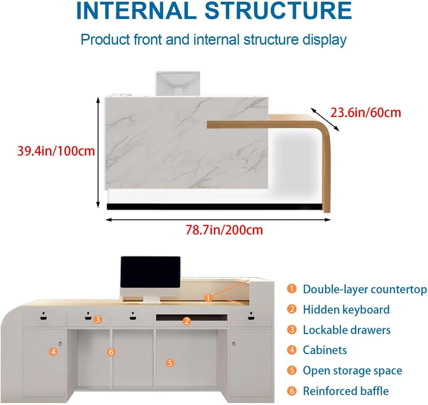 Reception Desk with Counter Modern Front Office Desk Large Reception Room Tables Checkout Counter Reception Table for Retail Lobby Beauty Salons White 79inch/200cm