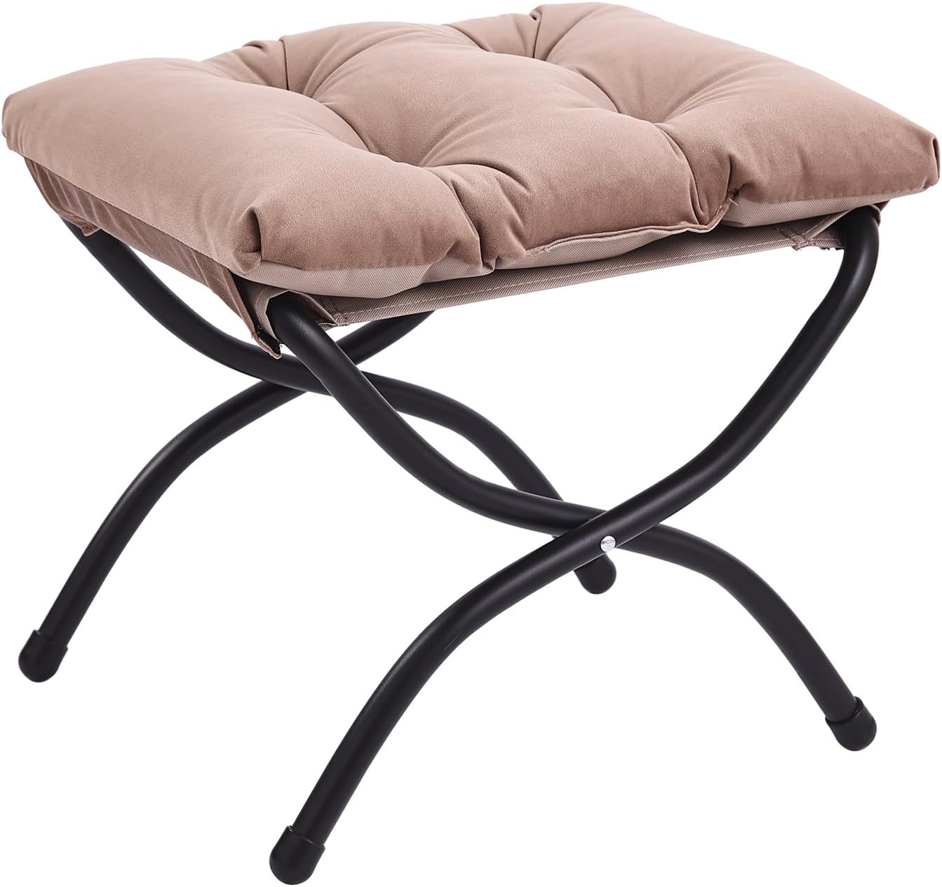 LITA Folding Upholstered Footrest Stool, Modern Small Portable Accent Ottoman with Detachable Thick Cotton Cushion Padded Sofa Stool with Metal Frame for Lazy Chair, Living Room & Bedroom, Khaki