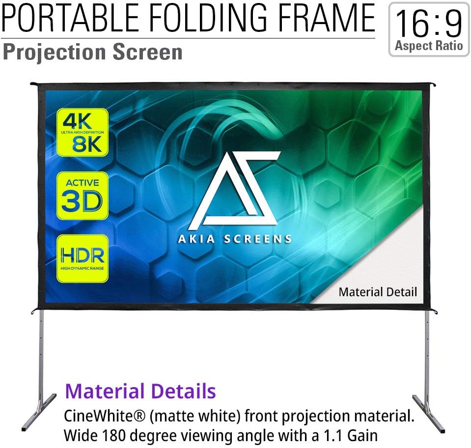 Akia Screens 120 inch Portable Outdoor Projector Screen with Stand and Bag 16:9 8K 4K Ultra HD 3D Adjustable Height Foldable Projection Screen Silver for Movie Video Home Theater AK-OS120H1