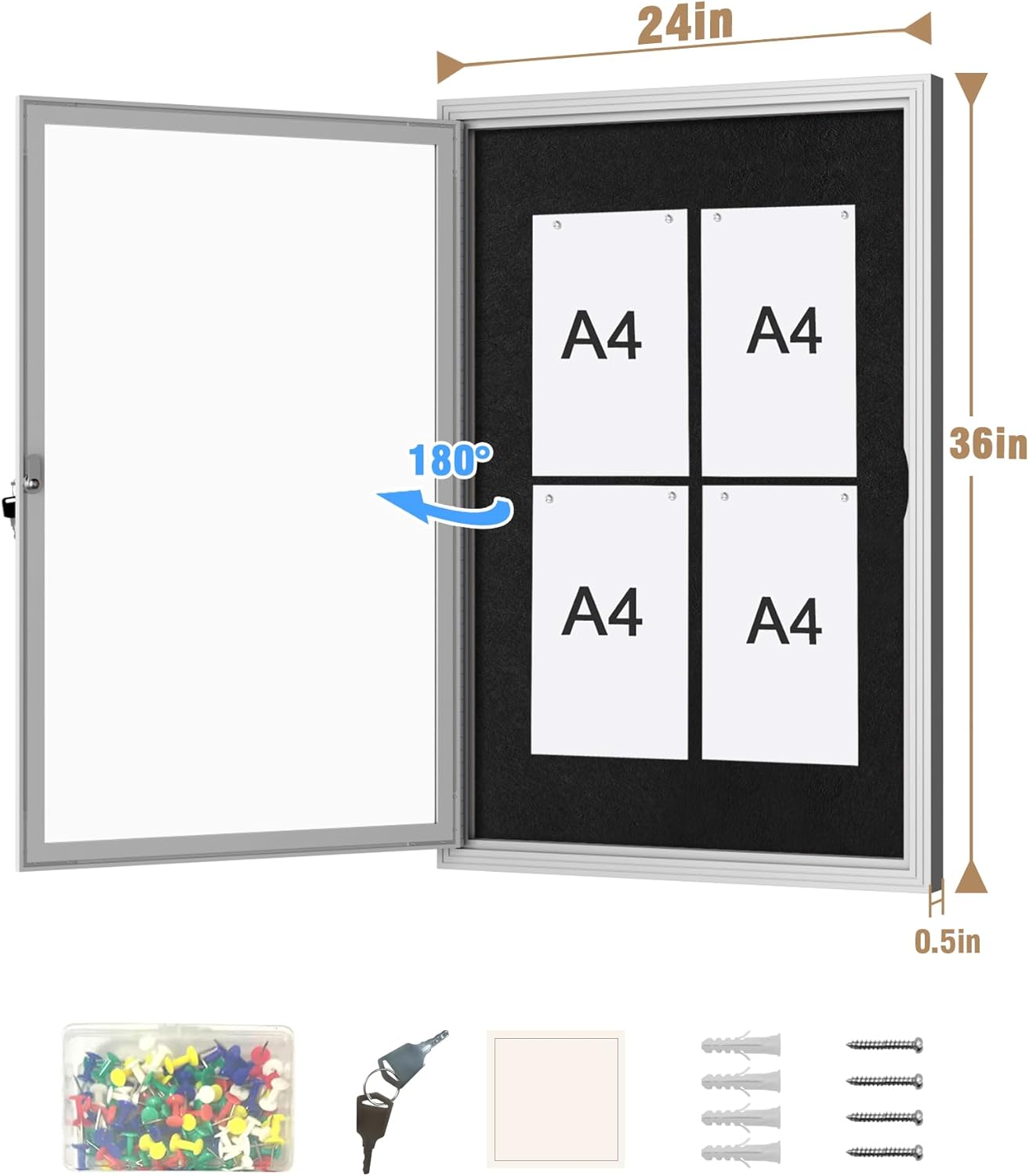 36"x24" Enclosed Bulletin Board, Outdoor Lockable Weather-Resistant Aluminum Cork Noticeboard for School & Office, Silver Frame w/Black Flet