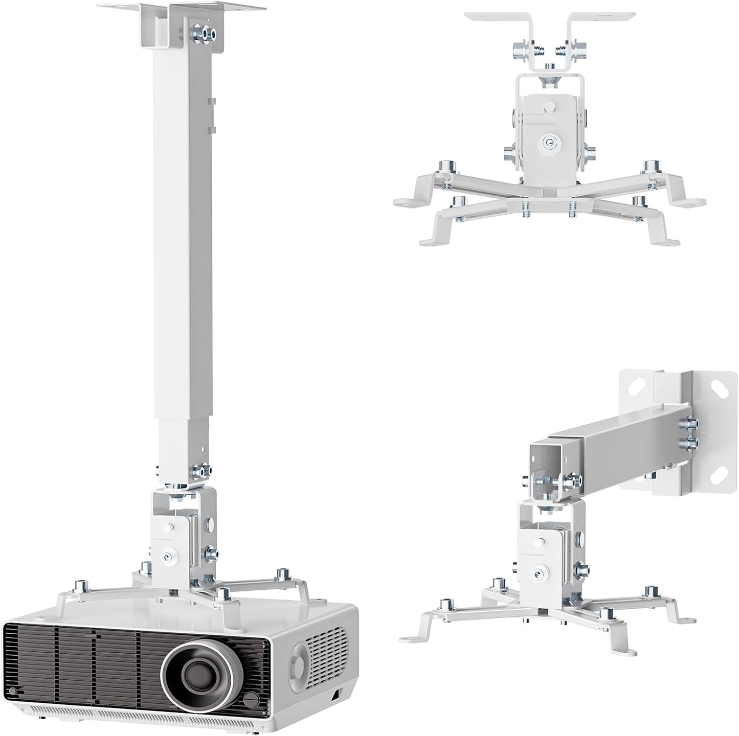 WALI Projector Mount Ceiling/Wall - Universal 3-in-1 Bracket with Extension Pole, Height Adjustable Holder for LCD/DLP Projectors, Supports up to 44lbs, White (PM-003-W)