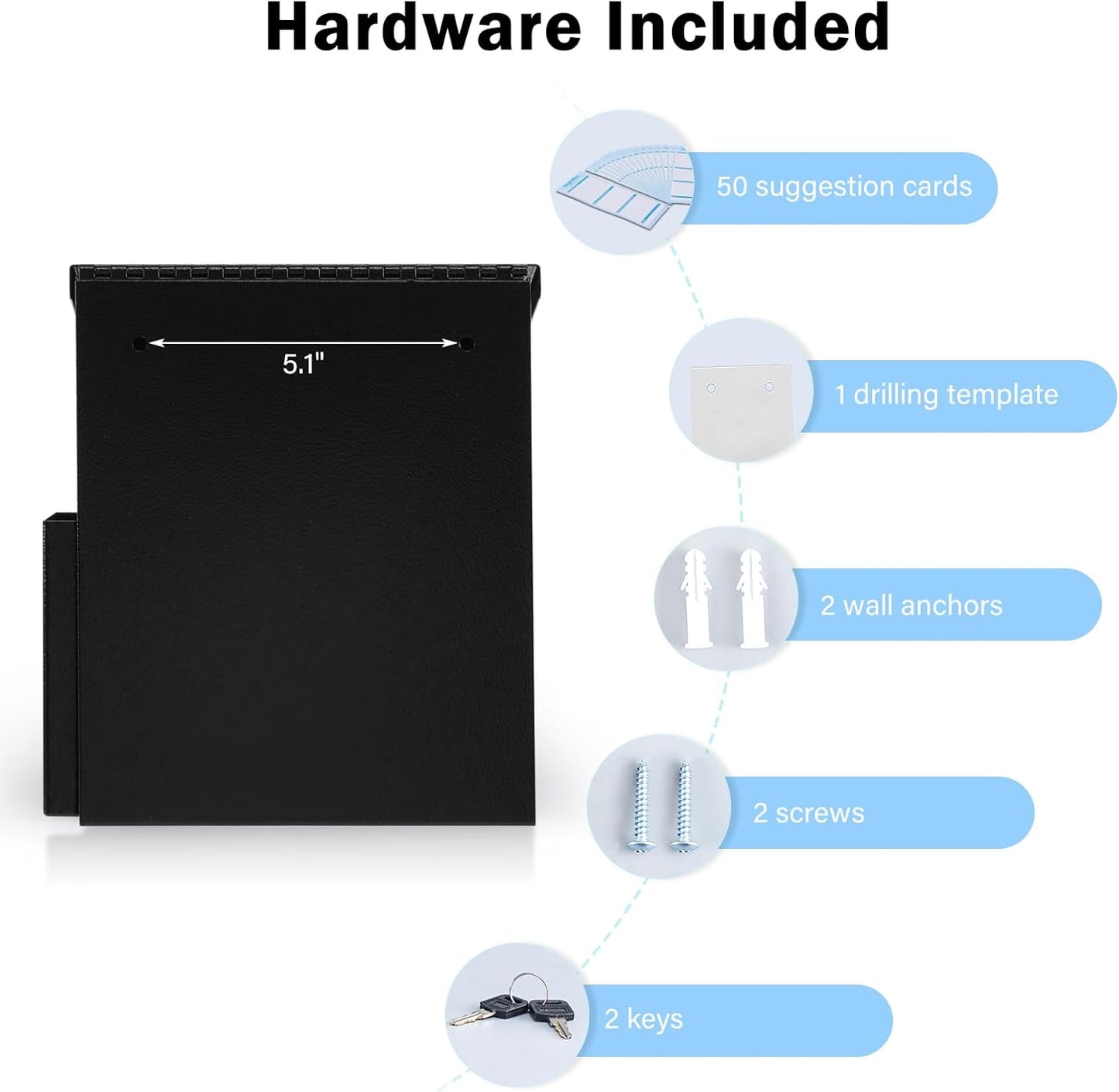 xydled Wall Mounted Ballot & Donation Box with 50 Suggestion Cards, Metal Suggestion Box with Key Lock, Collection Box, Black, 8.7"x 5.9"x7.1"