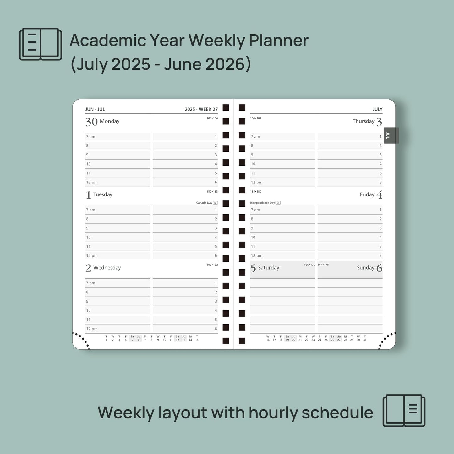 POPRUN Pocket Planner 2025-2026 (Spiral Hardcover - 4''x 6.25''), Daily Weekly and Monthly (July 2025 - June 2026) with Hourly Time Slots, for Purse, 100 GSM - Black