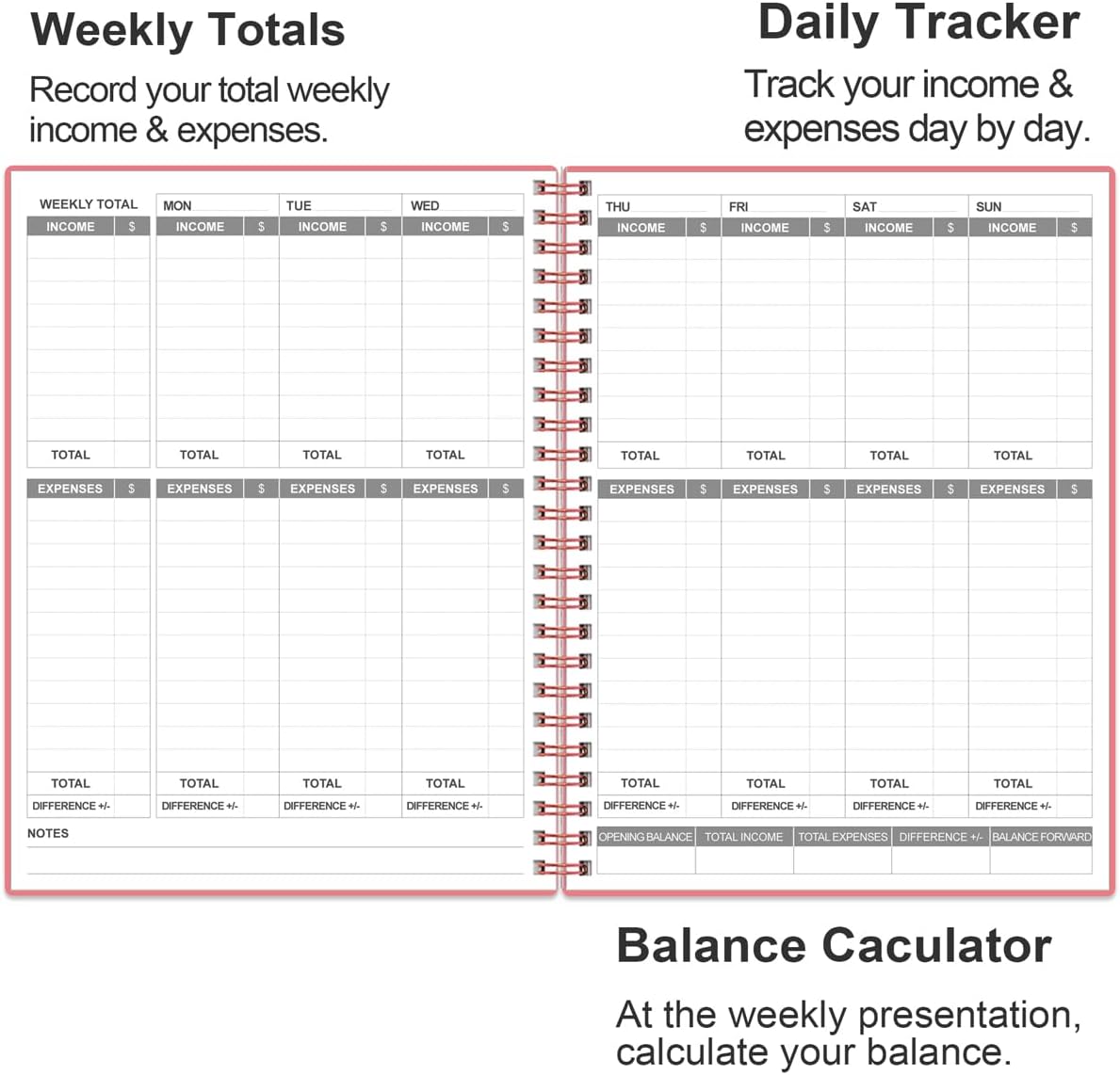 Heveboik Income & Expense Log Book - A4 Income and Expense Tracker for Small Business, Accounting Bookkeeping Tracking for Woman and Man, 8" x 10.5", Pink