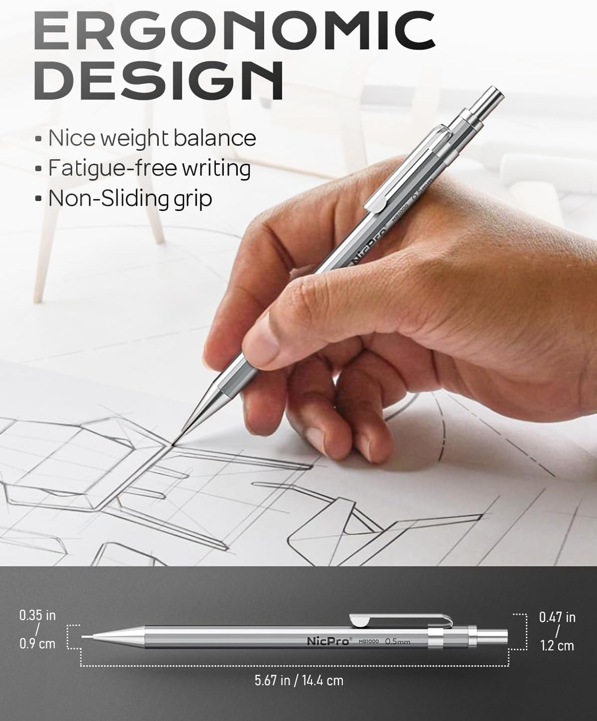 Nicpro 4 Pack Mechanical Pencil 0.5 mm with Case, MB1000 Metal Mechanical Pencil Set with 8 Tube HB #2 Lead Refill 0.5mm, 3PCS 4B Eraser, 9 Cap Eraser for Artist Drafting Writing, Sketching, Drawing