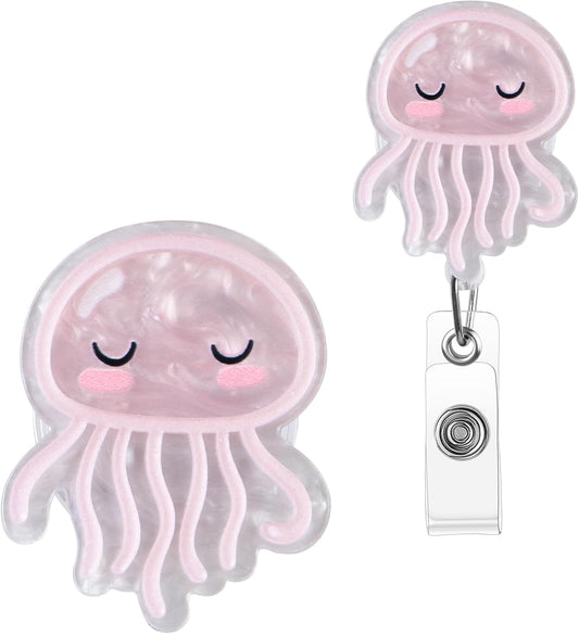 Pink Jellyfish Badge Reel, Cute Badge Holder, Funny Nurse Name Reel with Retractable Clip, Medical Worker ID Card Holders, Pediatric Nursing Accessories for Nurse Doctor Student Teacher Office