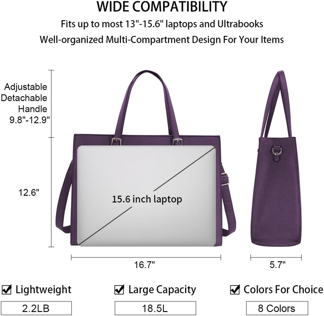 Laptop Bag for Women Waterproof Lightweight Leather 15.6 Inch Computer Tote Bag Business Office Briefcase Large Capacity Handbag Shoulder Bag Professional Office Work Bag Dark Purple
