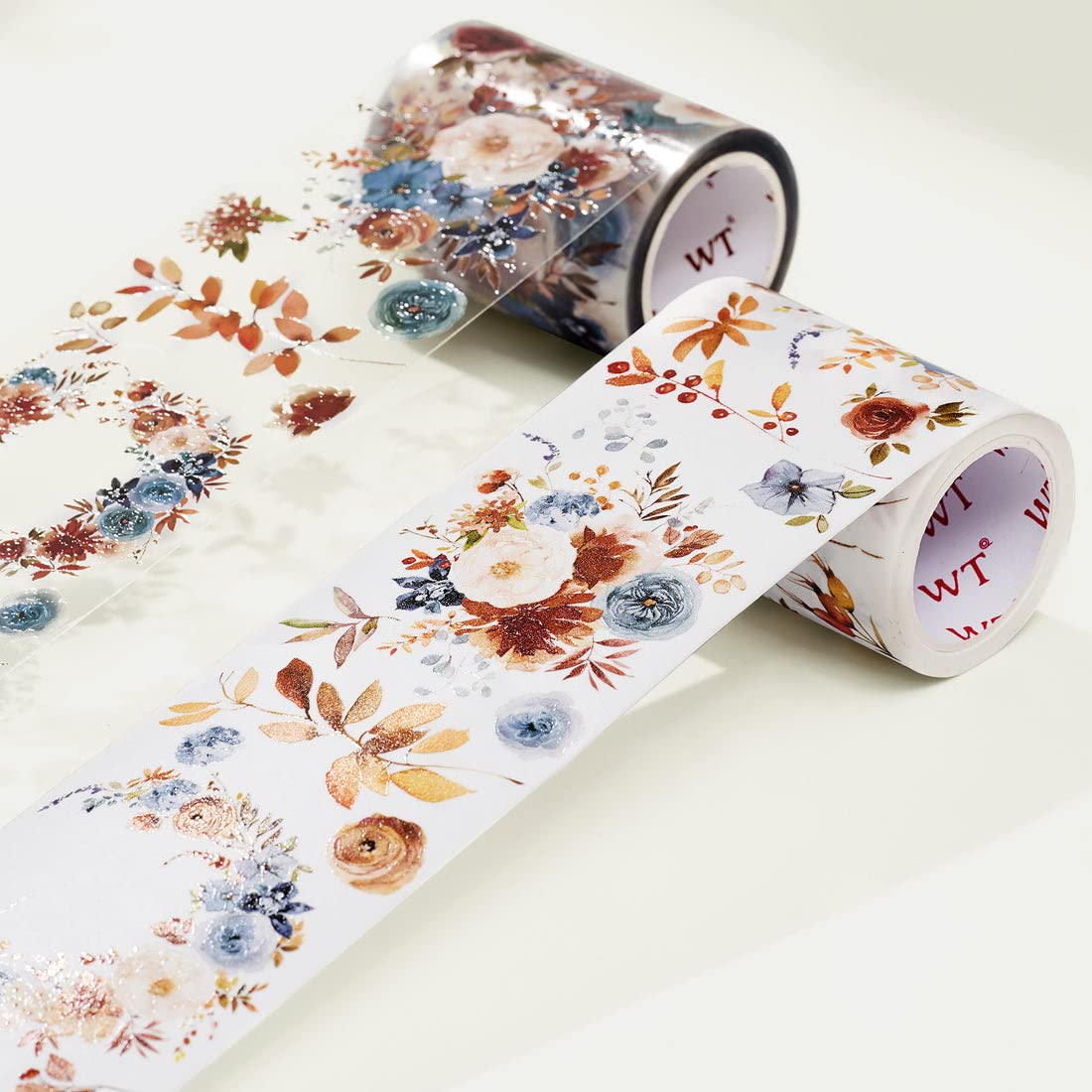 WT Dusty Blue & Cinnamon Wide PET Tape, Single Roll, Original Designs, Floral Decorative Tape, Transparent Craft Tape for Bujo Planner & DIY Supplies, Watercolor Flowers