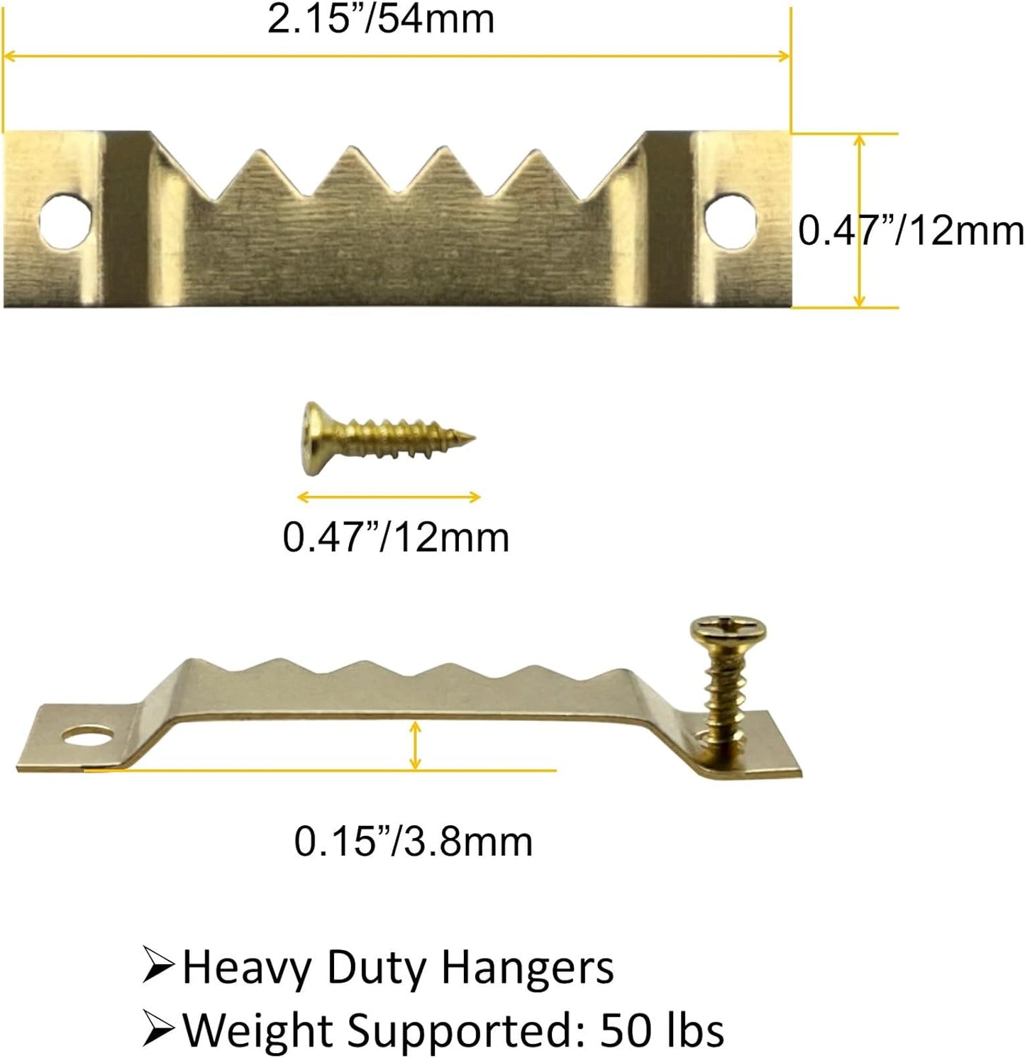 50 Pack Large Sawtooth Picture Hangers Steel Picture Hangers Picture Frames Hangers with Screws Picture Hang Solutions, for Hanging Clock Paintings Artwork Picture Frame Hook Photos (Gold)