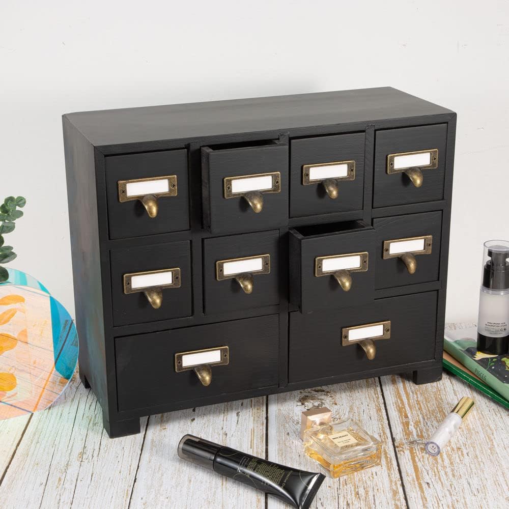 Apothecary Cabinet with 10 Drawers & Labels Rustic Library Card Catalog Cabinet Desktop Wooden Storage Box for Organize Herbal、Tea Bag、Jewelry (Black)