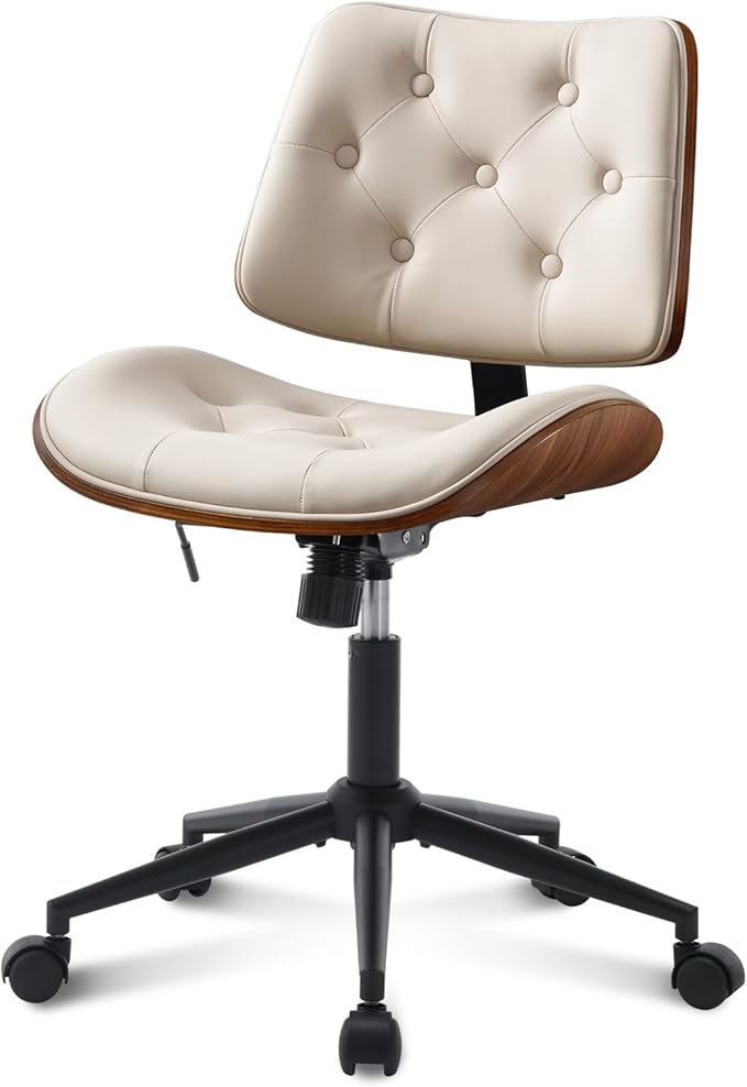 Armless Home Office Chair with Wheels, PU Leather Adjustable Height Computer Desk Chair, 360 Swivel Small No Arms Chair, Modern Button Walnut Style for Office, Reading Meeting Room(Beige)