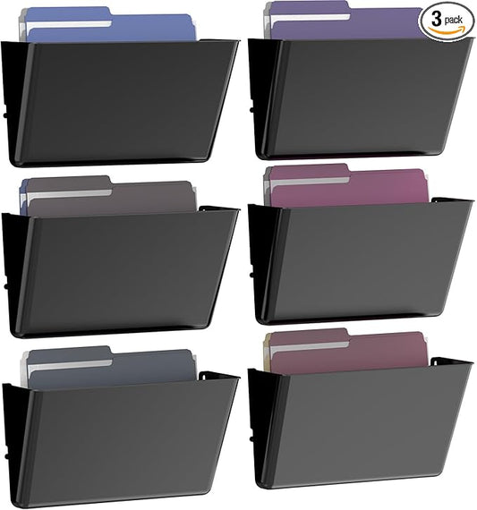 Clear Acrylic Single Pocket, Plastic Hanging Wall Mount File Holder for Office Home (Black, pack6)