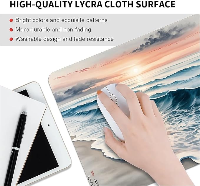 Beach Sunset Mouse Pad,Cute Mouse pad,Custom Small Mouse Pads with Designs,Portable Office Non-Slip Rubber Base Wireless Waves Mouse Pad for Laptop