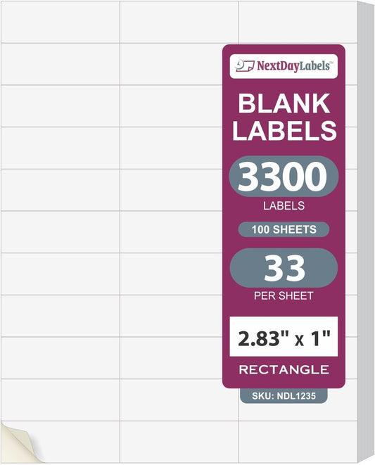 NextDayLabels - 2.83" x 1" Rectangular Sticker Labels for Printer - White Laser/Inkjet Printer Labels Return Address Labels Shipping Label Stickers (100 Sheets, 33 Per Sheet, 3300 Labels)