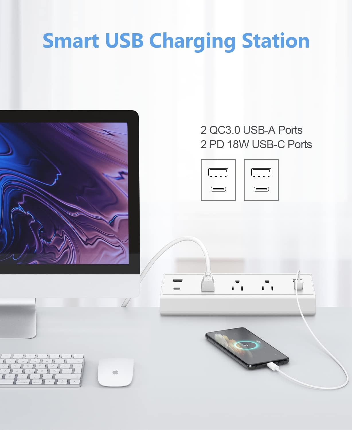Jgstkcity Desk Clamp Power Strip,40W Total Fast Charging Station,2 PD 20W USB C Ports,Desk Edge Mount Surge Protector for Home, Office,3 Outlets,Fit 1.96" Tabletop Edge,ETL Listed,White