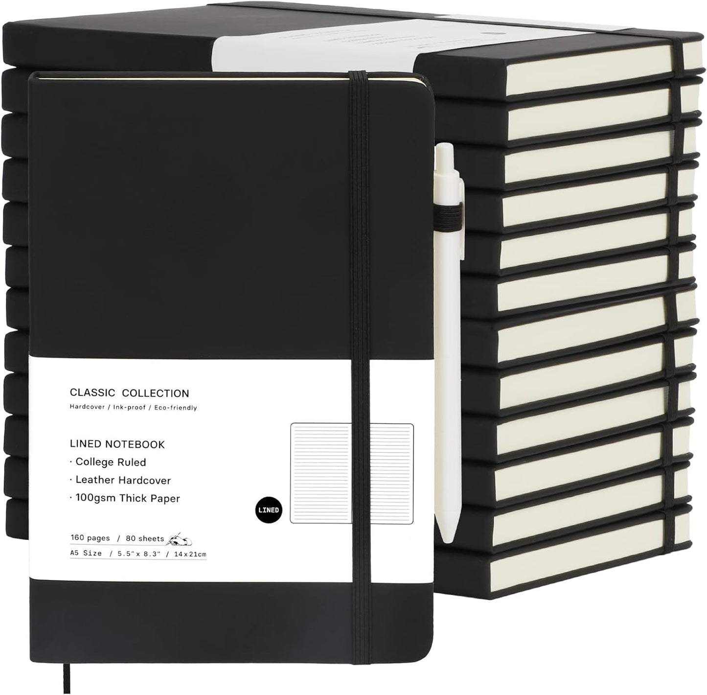 Coopay 12 Pack A5 Journal Notebook with 12 White Pens Bulk Classic Ruled Hardcover Leather Journal Set with Pen Holder for Men Women Writing Office Home School Business, 100GSM, 8.3” x 5.5” (Black)