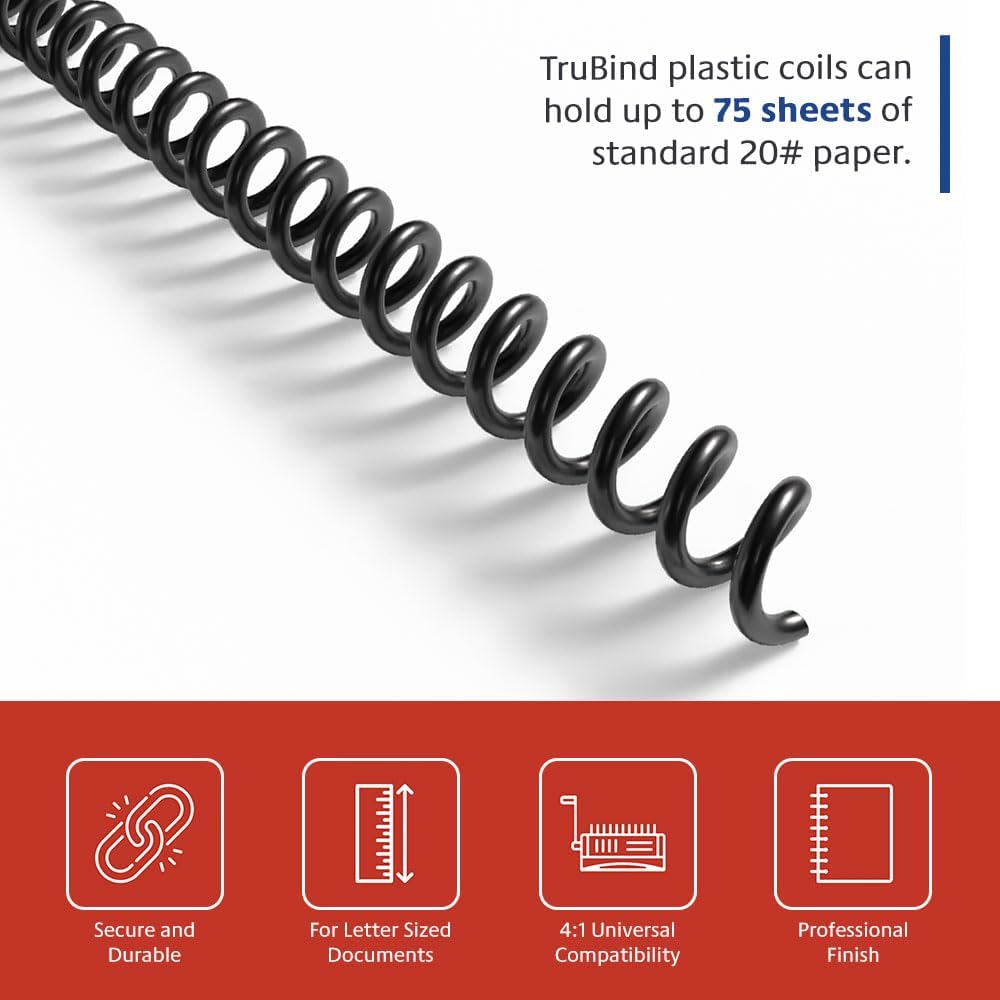 TruBind 10mm (3/8 in.) Spiral Binding Coils for Reports, Presentations and Proposals | 4:1 Pitch | 12 in. Length | Black | 75 Sheets Binding Capacity | 100 Pack