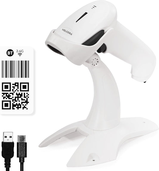 Volcora Wireless Bluetooth Barcode Scanner, QR Code Scanner, USB Portable Handheld Scanners w/Stand Connect w/Tablet/Phone/PC, 1D & 2D Inventory Scanner, Symbol Barcode Scanner for Retail & Warehouse