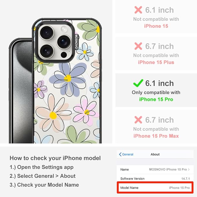 MOSNOVO Magnetic Case for iPhone 15 Pro, 10ft Military-Grade Protection, Compatible with Magsafe, Shockproof Phone Case for iPhone 15 Pro - Linear Blooms - Clear Black