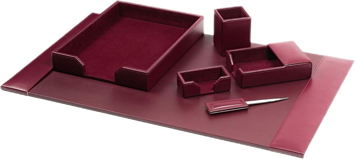 Dacasso Burgundy Bonded Leather Luxury 6-Piece Desk Accessory Set - Blotter Pad & Desk Organization Essentials - Executive Decor and Surface Protector