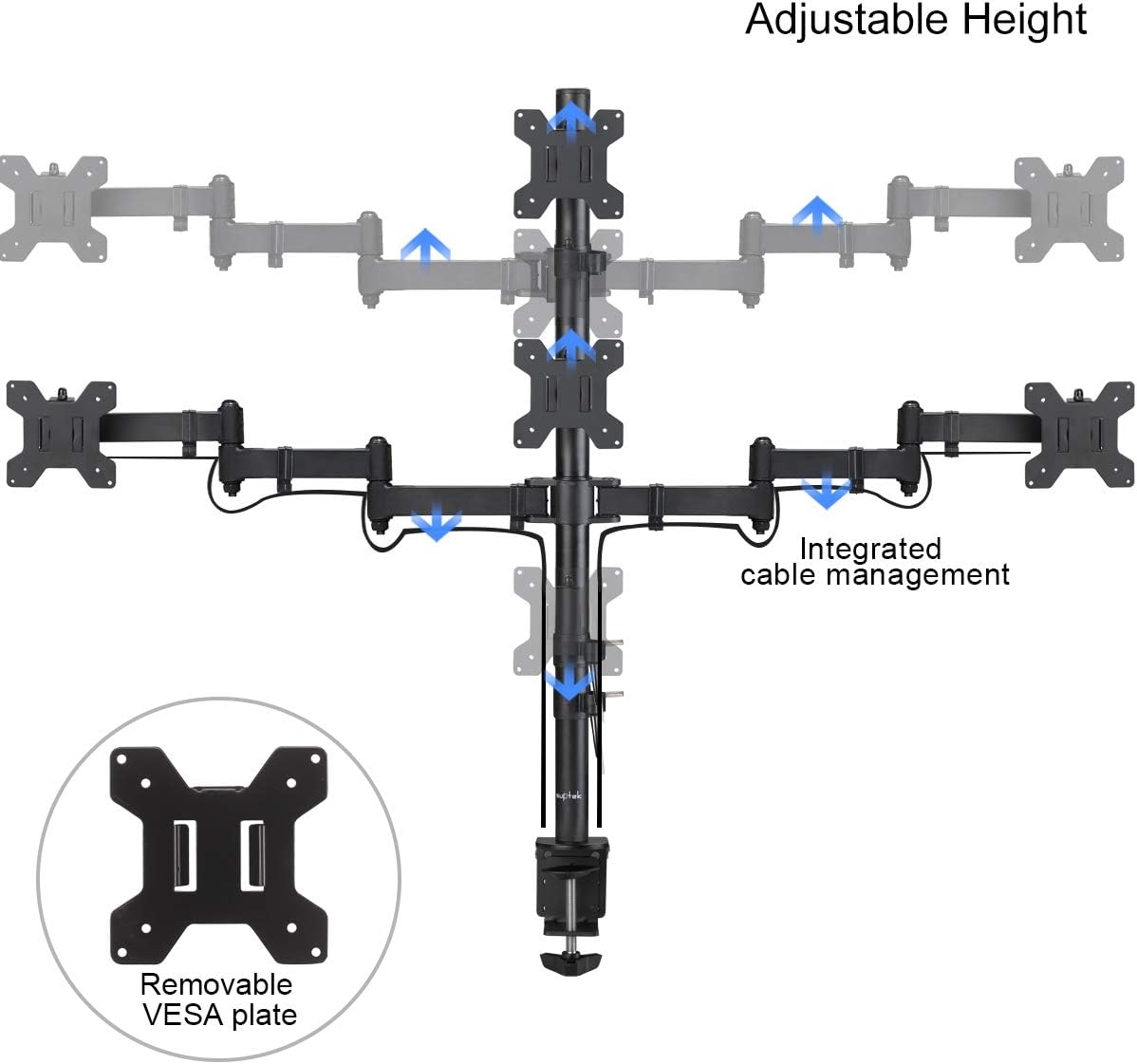 Suptek Quad LED LCD Monitor Stand up Desk Mount Extra Tall 31.5 inch Pole Heavy Duty Fully Adjustable Stand for 4 (3+1) / Four Screens up to 27 inch (MD6864)