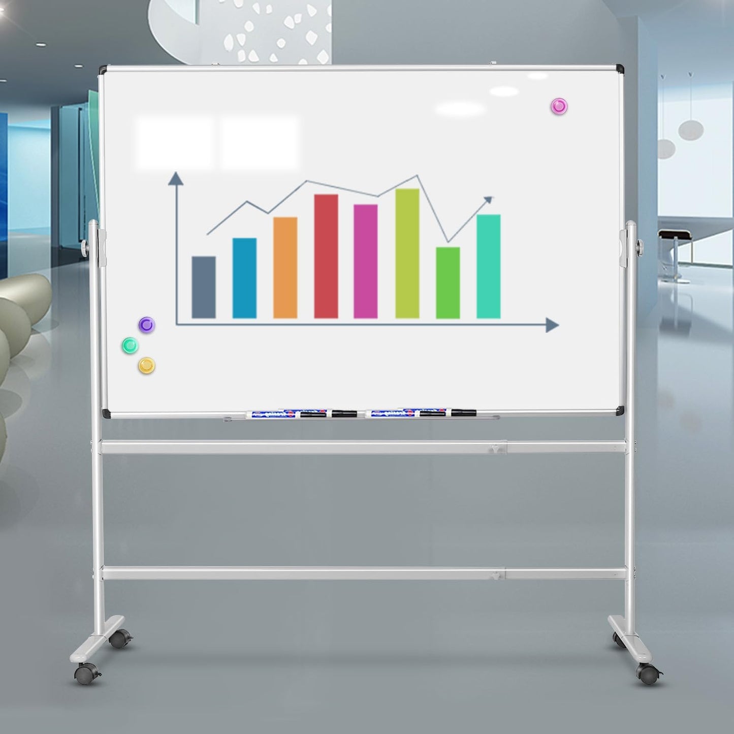 Rolling White Board 36x24 in, Dry Erase Board with Stand, Double-Sided Magnetic Mobile Whiteboard, Height-Adjustable for Office Classroom and Home