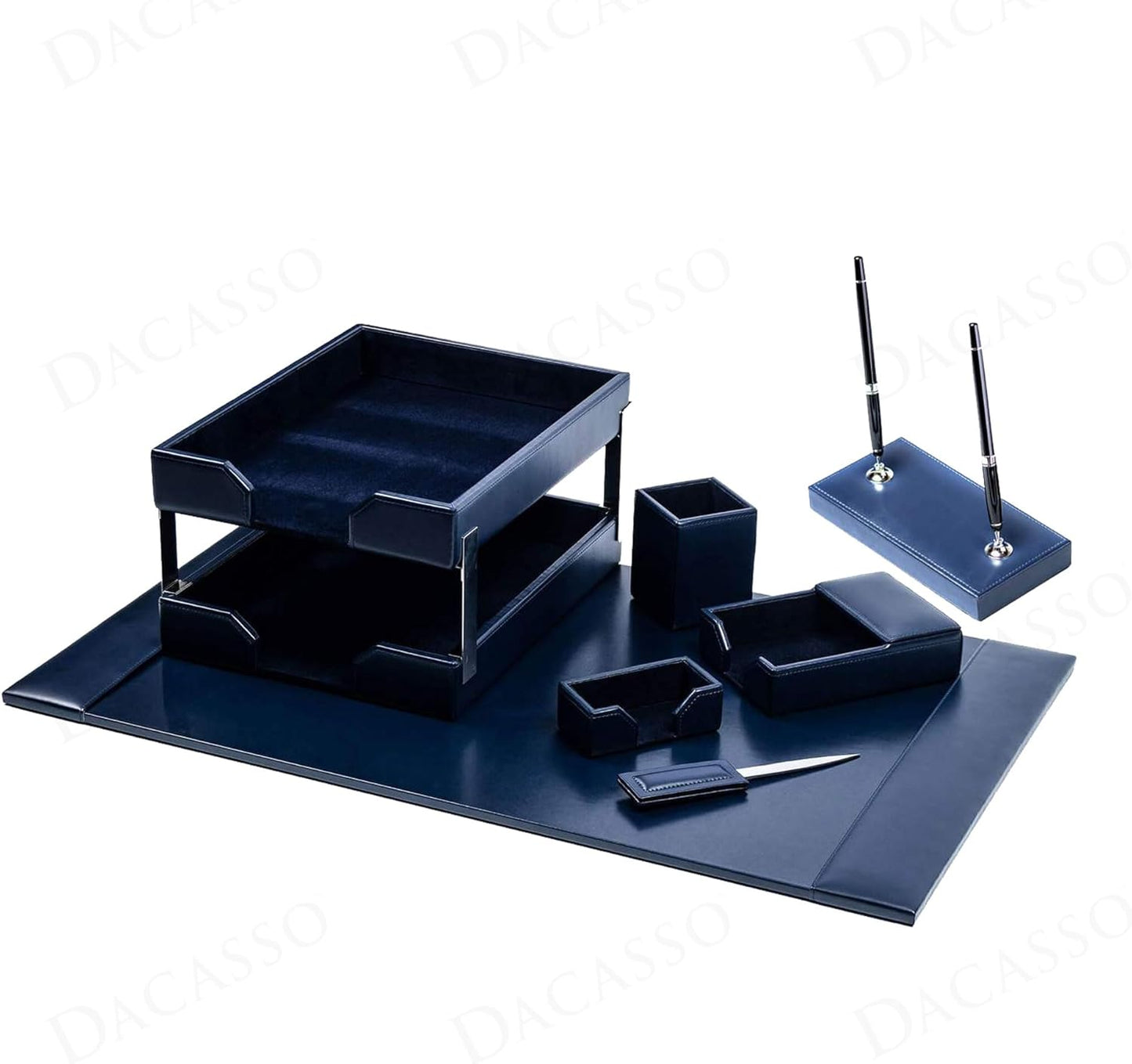 Dacasso Navy Blue Bonded Leather Luxury 9-Piece Desk Set - Blotter Pad & Desk Organization Essentials - Executive Decor and Surface Protector