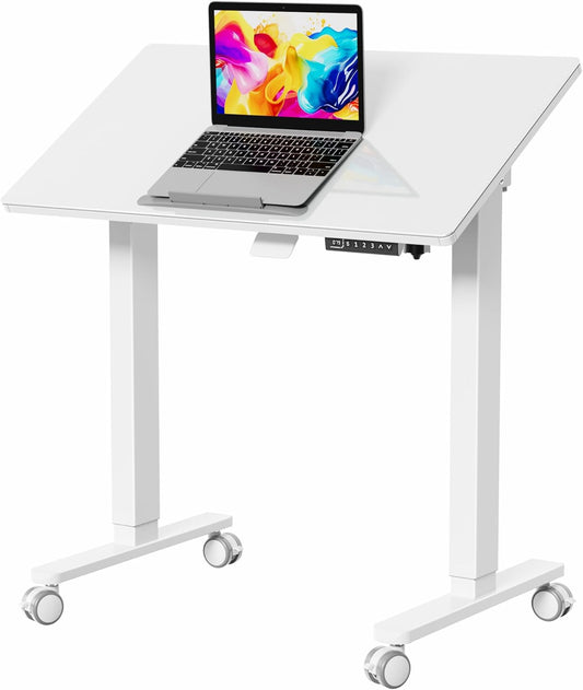 35inch Glass Standing Desk，90° Tiltable Mobile Rising Desk Height Adjustable，Whole Piece Rolling Sit Stand Table with Wheels，Foldable Small Laptop Desk，White