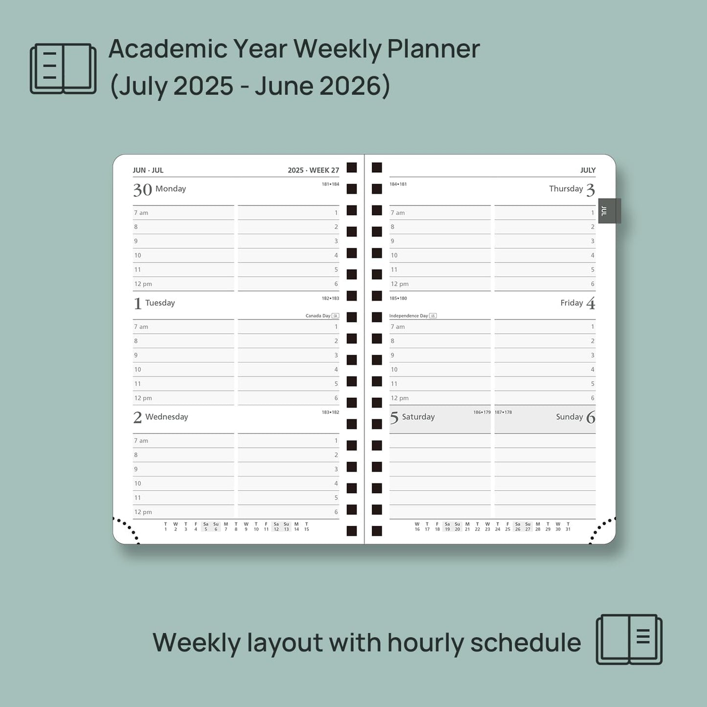 POPRUN Pocket Planner 2025-2026 (Purse Size 4'' x 6.25'') Academic Small Calendar (July 2025 - June 2026) with Hourly Time Slots, 100GSM Thick Papers, Spiral Leather Cover - Black