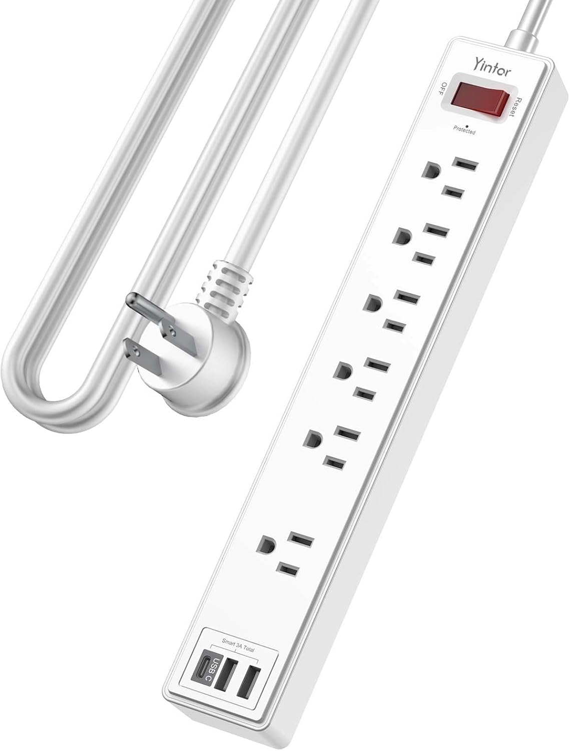 10 Ft Power Strip Surge Protector - Yintar Extension Cord with 6 AC Outlets and 3 USB Ports for Home, Office, Dorm Essentials, 1680 Joules, ETL Listed, White