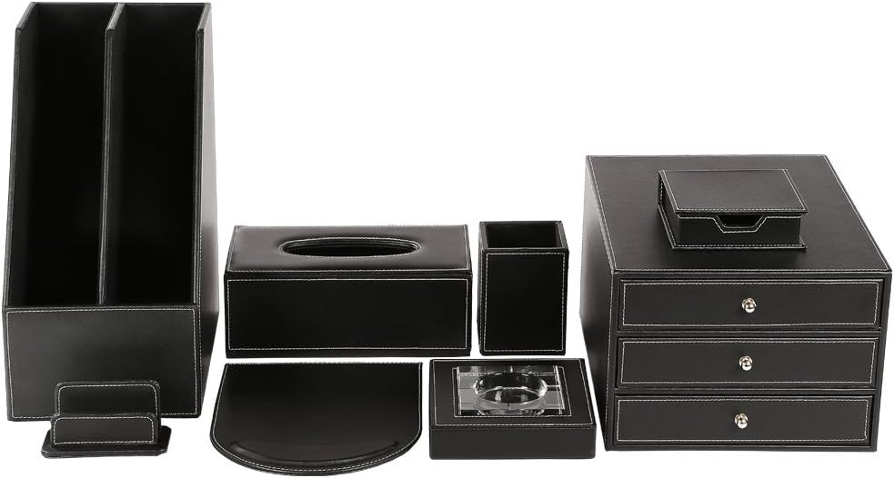 KINGFOM 8 PCS/SET Desk Organizers, Pu Leather Office & Home Desktop Decor Supplies Storage Box, Including Files Organizer Drawer, Memo Paper Holder, Tissue Holder and Mouse Pad etc (T03-Black)