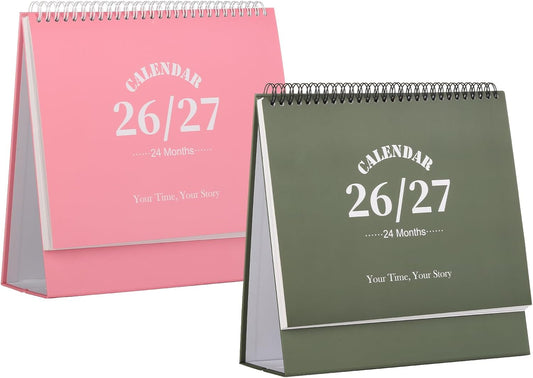 Desk Calendar 2026-2027, 2 Years Calendar Runs from Jan. 2026 until Dec 2027, Table Monthly Planner with Stickers for Home,Office,School Organization(L-Pink+Green,9.8" x 9.6")