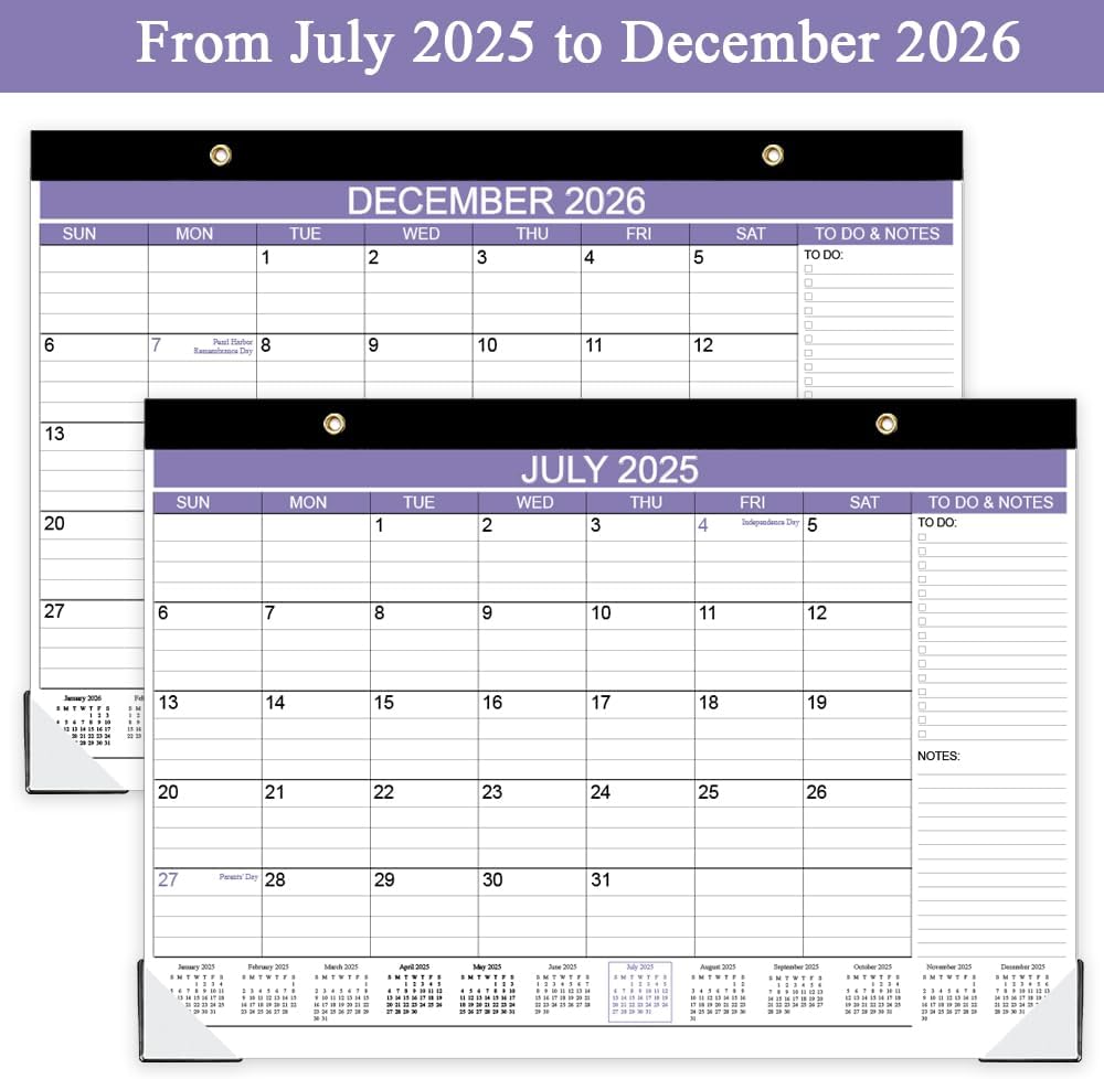 2025-2026 Desk Calendar - 18 Months Calendar from July 2025 - December 2026, Desk Calendar 2025-2026 with to-do List, 12" x 17", Purple