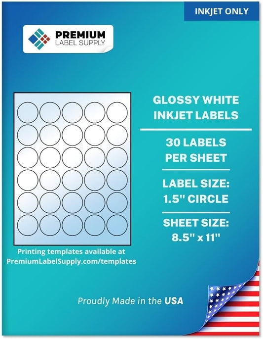 Premium Label Supply Glossy White Sticker Round Labels – 1.5" Circle – (30 per Sheet) (Glossy White for Inkjet Only, 3,000 Labels)