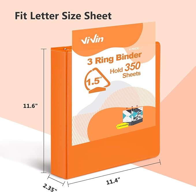 ViVin Sturdy 1.5 Inch 3 Ring Binder with Pockets, Slant-D Ring, PVC-Free, Customizable Clear View Binder,Holds 350 Sheets of 8.5" x 11" Paper,6 Pack (Orange)