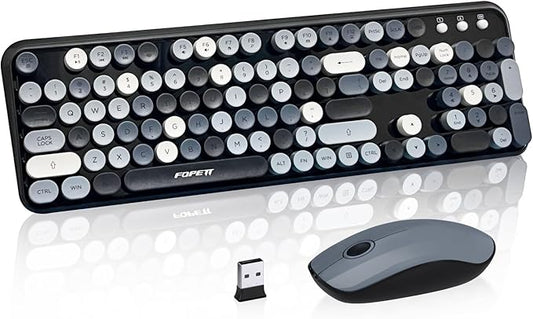FOPETT Wireless Keyboard and Mouse Combo, 105 Keys Full-Sized 2.4 GHz Round Keycap Colorful Keyboards, USB Receiver Plug and Play, for Windows, Mac, PC, Laptop, Desktop (Grey Colorful)