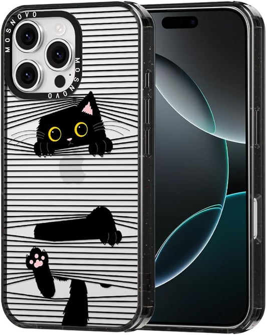 MOSNOVO Case for iPhone 16 Pro Max, [10ft 4X Military-Grade Drop Protection] Durable & Shockproof Phone Case Cover Design for iPhone 16 Pro Max - Hidden Black Cat - Clear Black